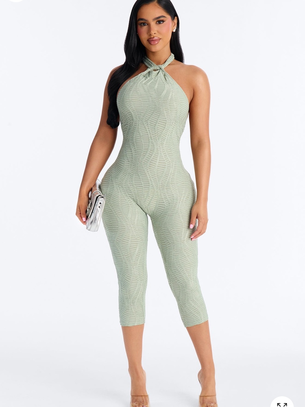 Fashion Nova Light Sage Halter Knit Cropped Jumpsuit